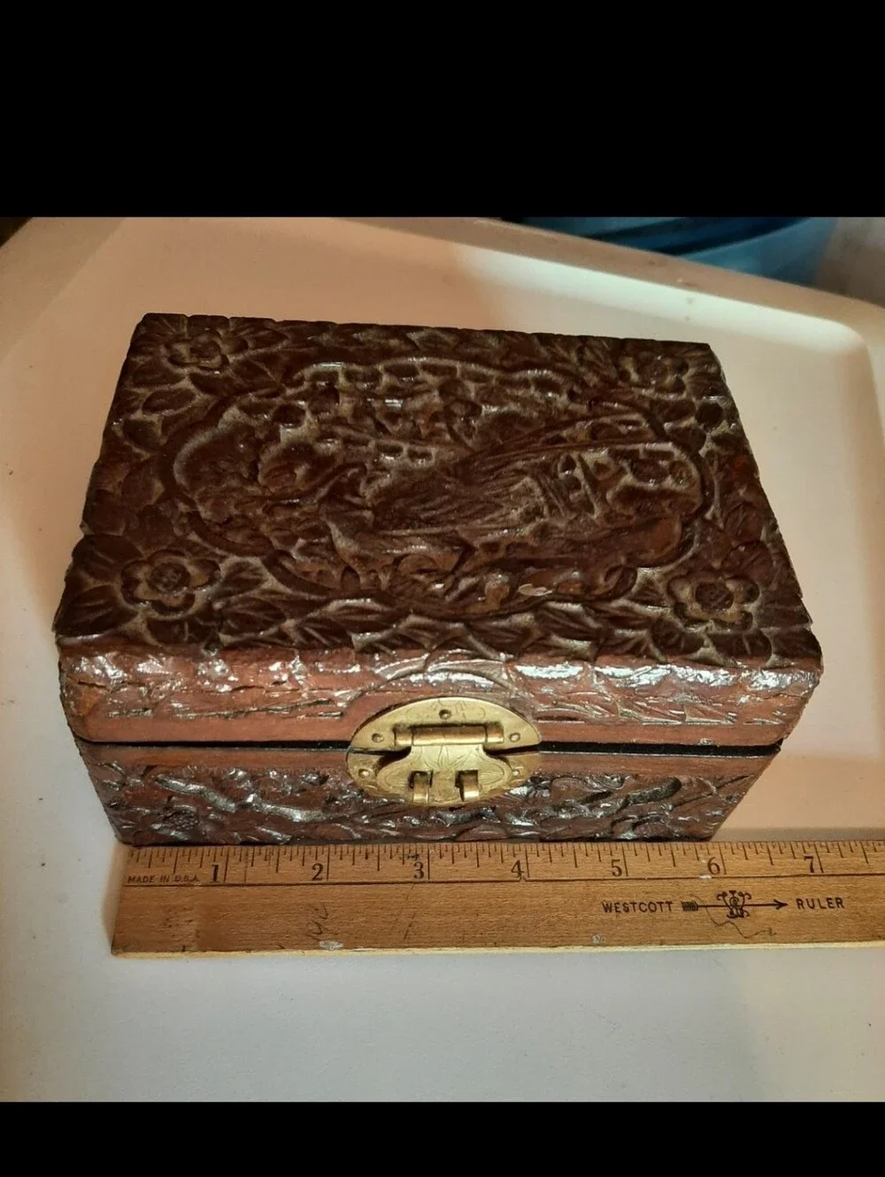 🛍Hand-Carved Wooden Jewelry Trinket Box With Floral & Bird Design